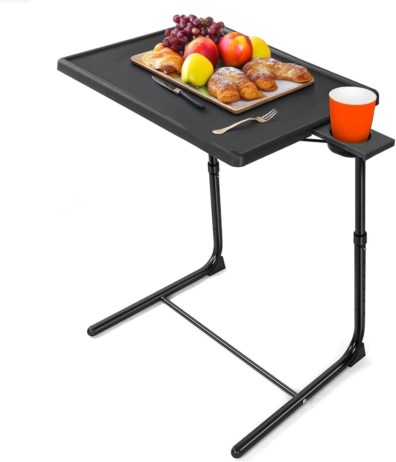 Black Adjustable Folding TV Tray Table with Cup Holder