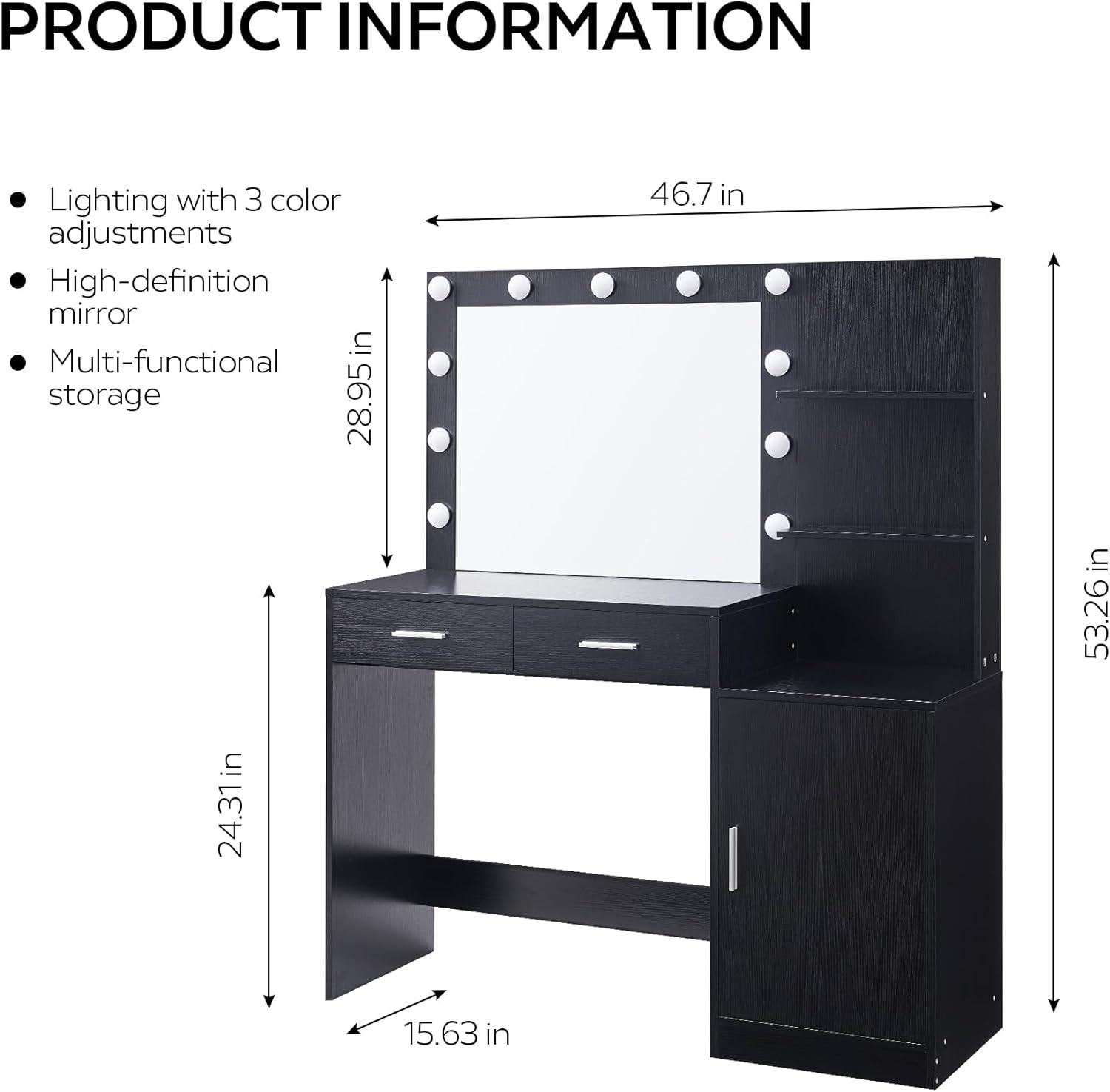 46.7" Vanity Desk with Mirror & LED Lights, Dressing Table with 2 Large Drawers & Vertical Organizer, 3-Tier Storage, 3 Adjustable Lighting Modes, Makeup Desk for Bedroom