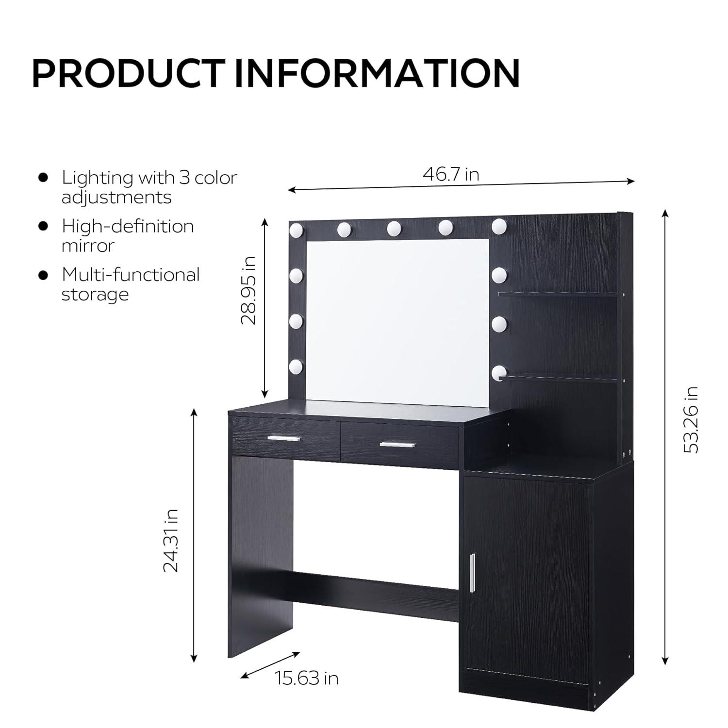 46.7" Vanity Desk with Mirror & LED Lights, Dressing Table with 2 Large Drawers & Vertical Organizer, 3-Tier Storage, 3 Adjustable Lighting Modes, Makeup Desk for Bedroom