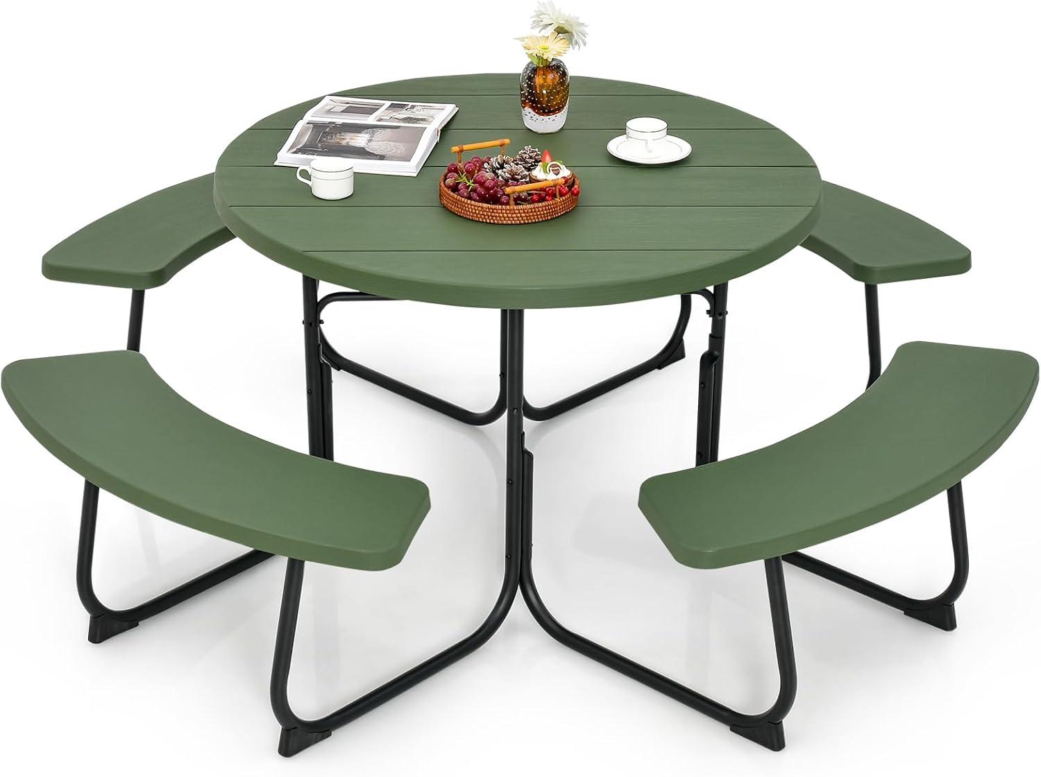 Costway Outdoor 8-person Round Picnic Table Bench Set with 4 Benches & Umbrella Hole Green