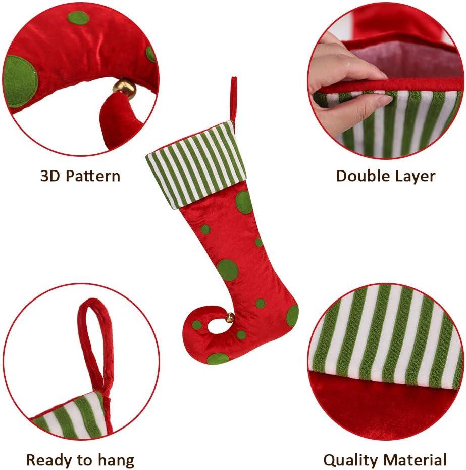 Festive Elf Pattern Red and Green Christmas Stockings with Faux Fur Cuff, 21in