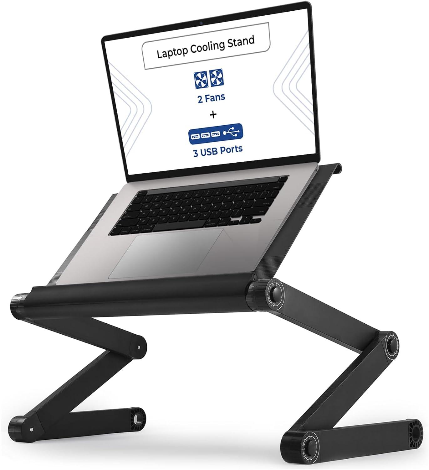 WorkEZ Executive Laptop Cooling Stand Adjustable Laptop Desk for Bed foldable laptop stand with FAN USB Ports computer lap desk for laptop holder for bed laptop table ergonomic laptop stand for bed