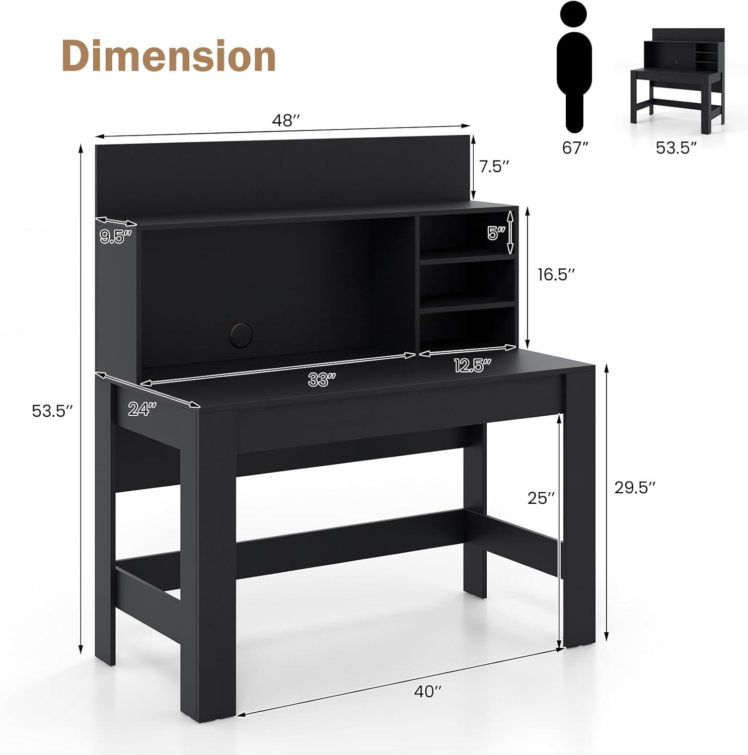 Gymax Home Office Computer Desk Study Table Writing Workstation Hutch Cable Hole Black