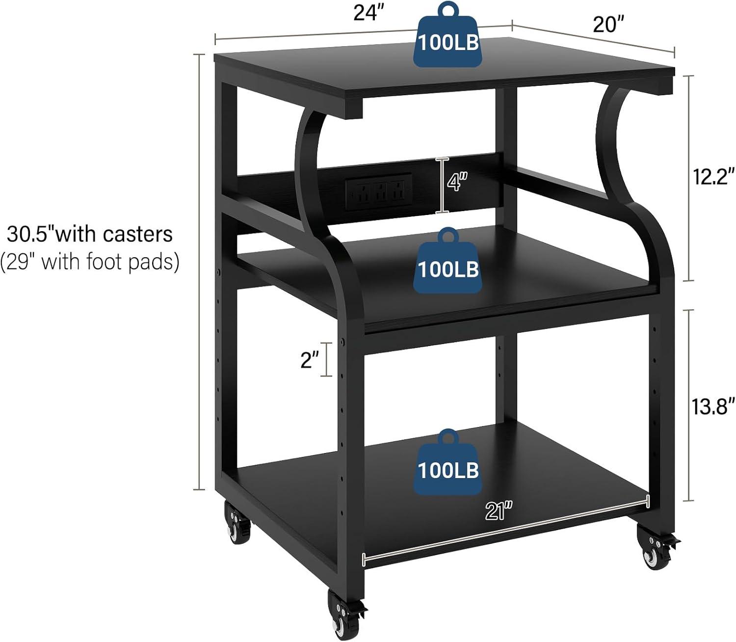 Natwind Large Printer Stand,24''x20''x29''Printer Table with Adjustable Storage Shelf,3 Tier Rolling Printer Cart with Wheels,Home Office Multifunctional Shelves for Heat Press (Black)