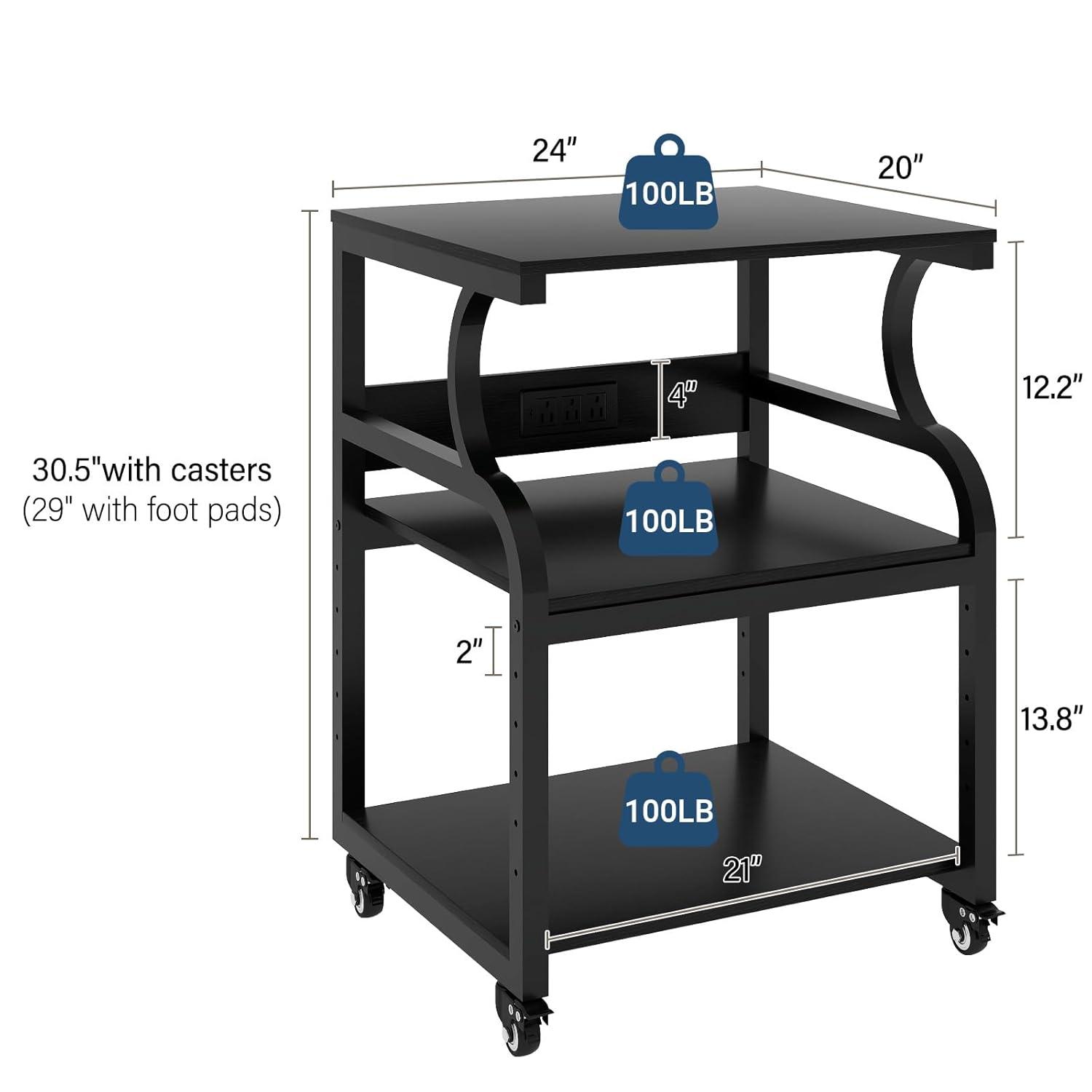 Natwind Large Printer Stand,24''x20''x29''Printer Table with Adjustable Storage Shelf,3 Tier Rolling Printer Cart with Wheels,Home Office Multifunctional Shelves for Heat Press (Black)