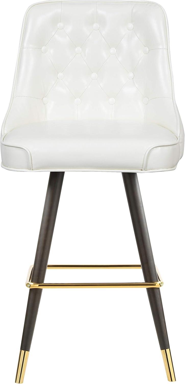 White Faux Leather Bar Stool with Button Tufting and Gold Accents