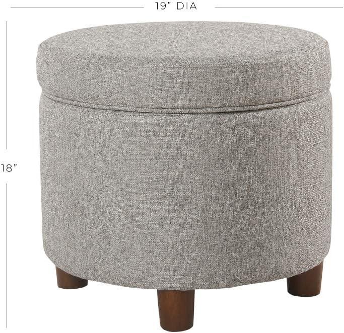 Mid-Century Modern Round Light Gray Tweed Storage Ottoman