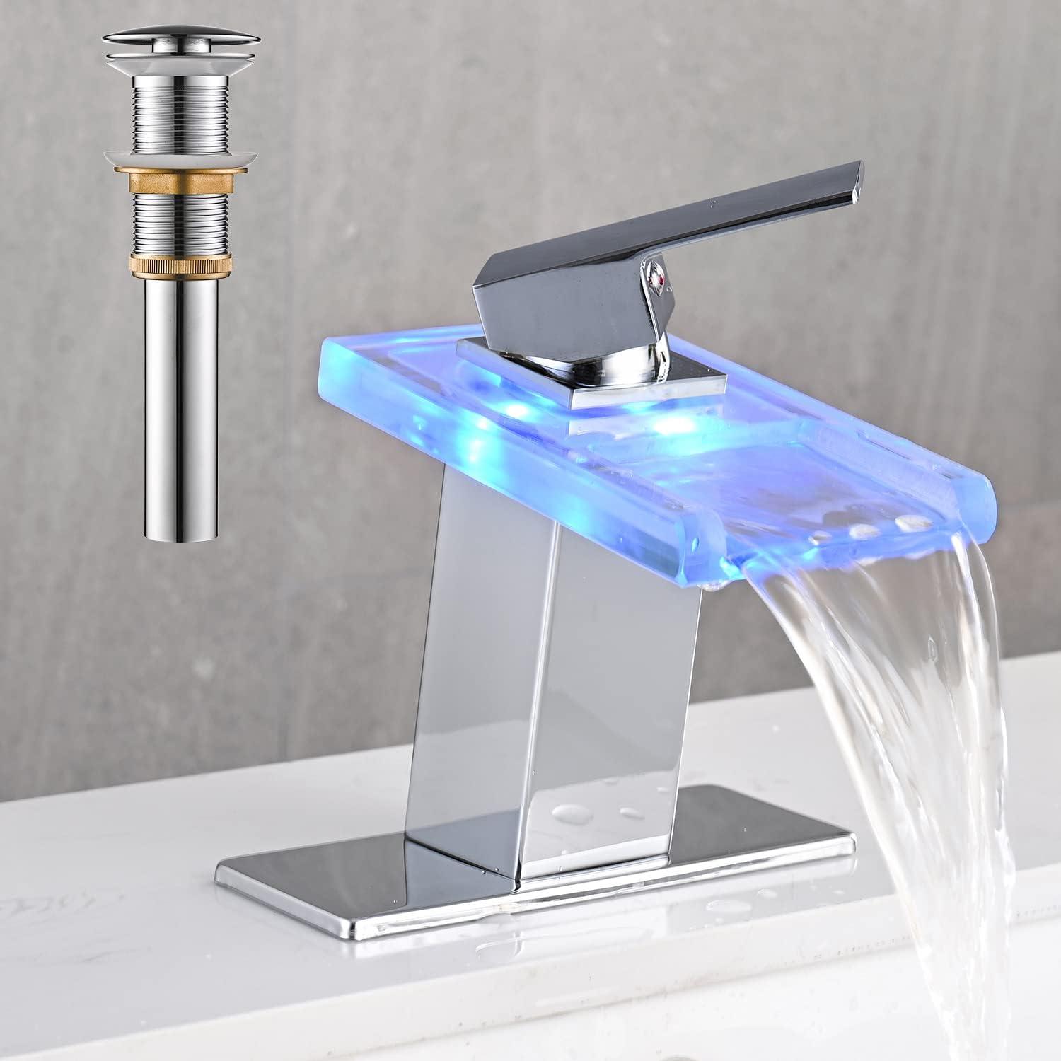 Chrome LED Waterfall Bathroom Sink Faucet with Glass Spout