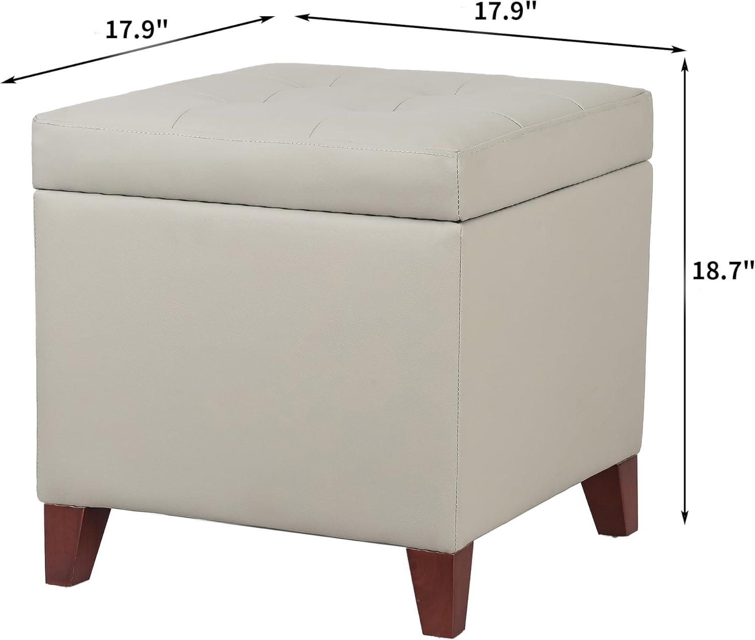 Elephant Grey Faux Leather Tufted Storage Ottoman with Cherry Wood Legs