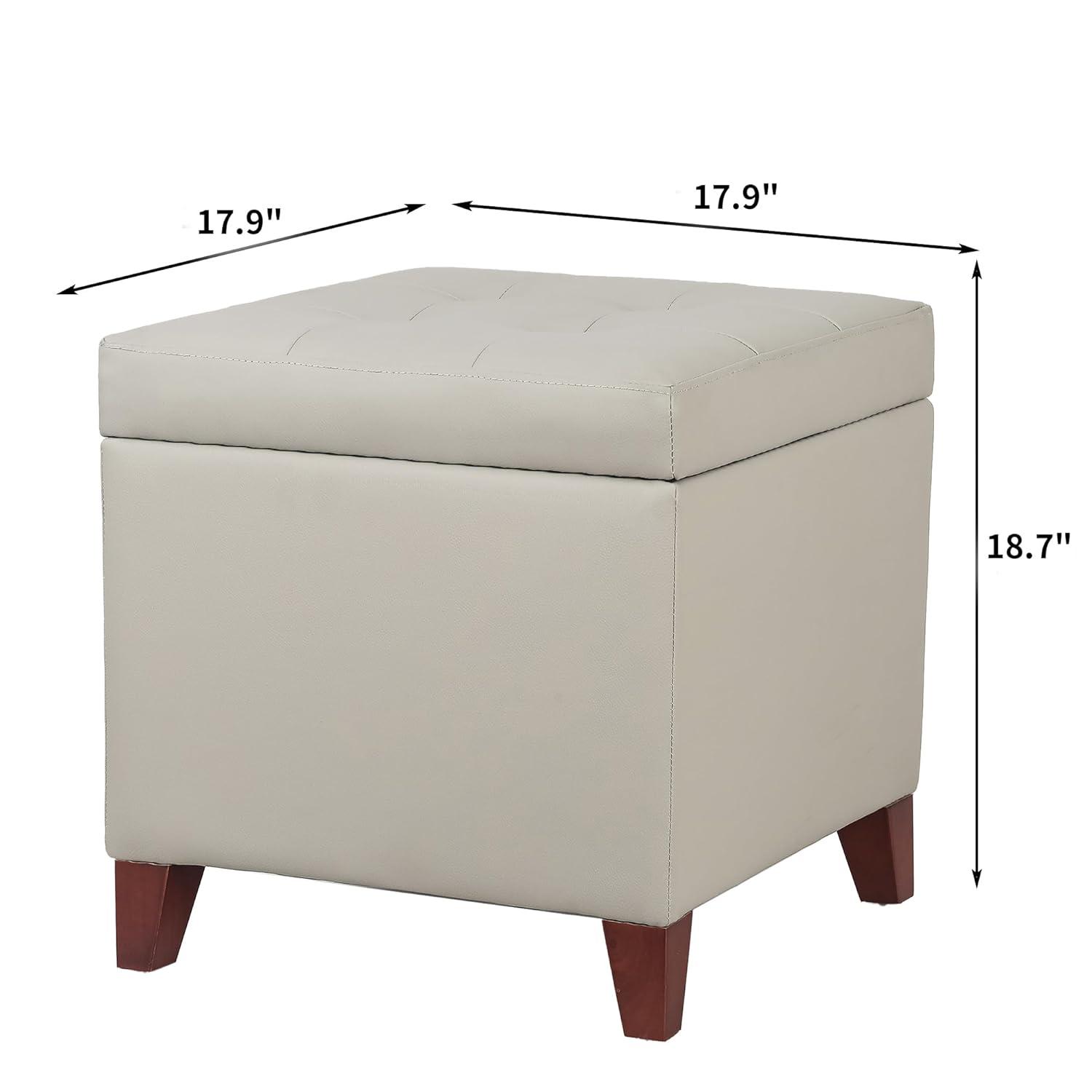 Elephant Grey Faux Leather Tufted Storage Ottoman with Cherry Wood Legs
