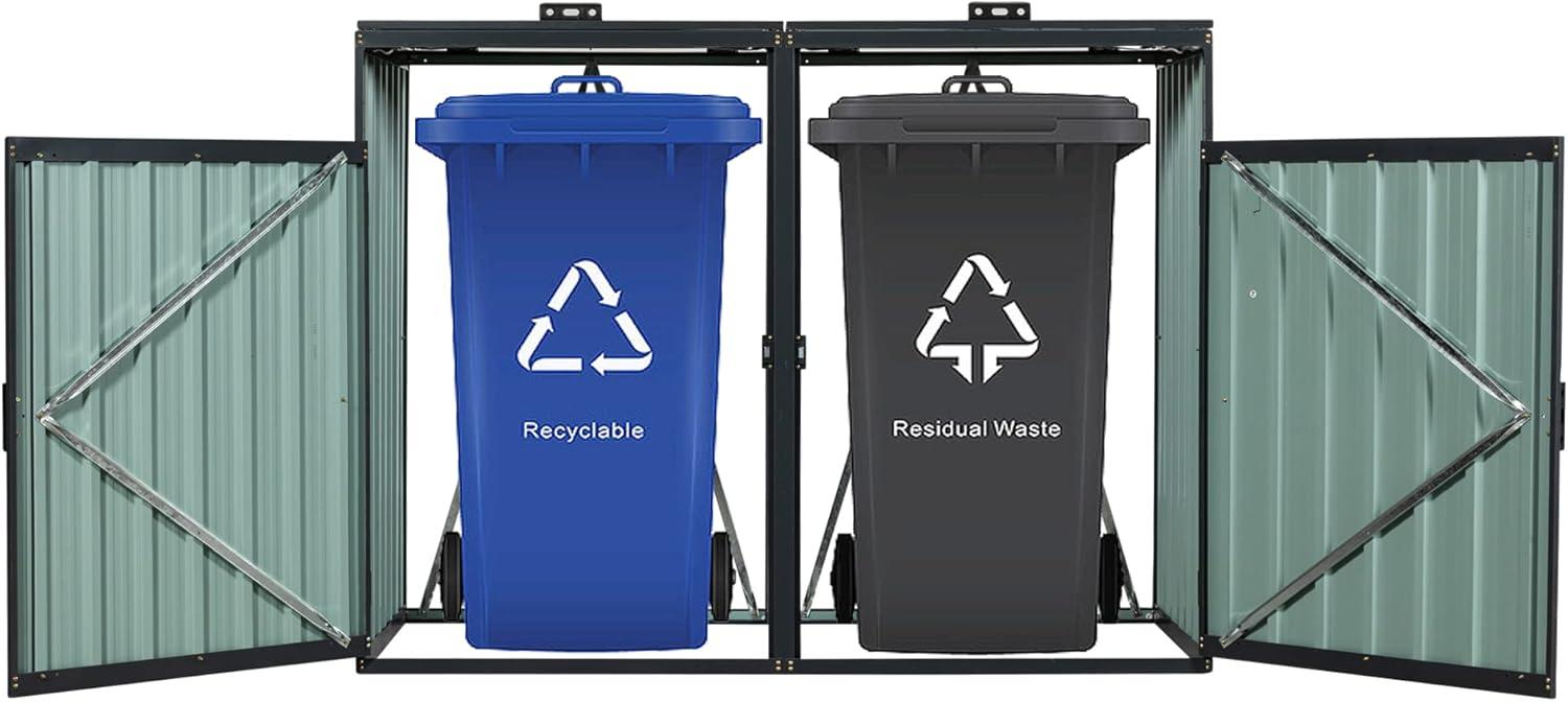 HLILish Garbage Bin Shed Stores 3 Trash Cans Metal Outdoor Bin Shed For Garbage Storage,Stainless Galvanized Steel, Bin Shed For Garden Yard Lawn