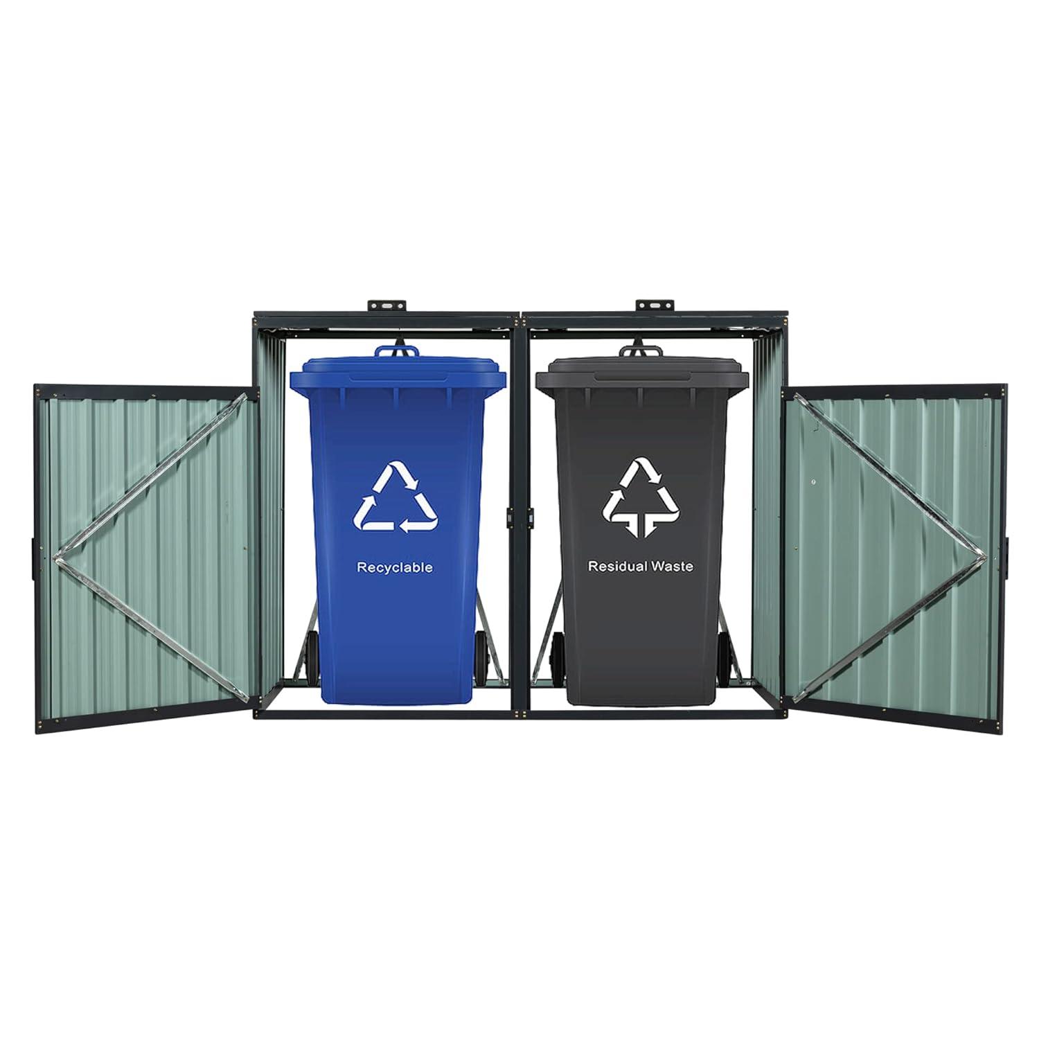 HLILish Garbage Bin Shed Stores 3 Trash Cans Metal Outdoor Bin Shed For Garbage Storage,Stainless Galvanized Steel, Bin Shed For Garden Yard Lawn