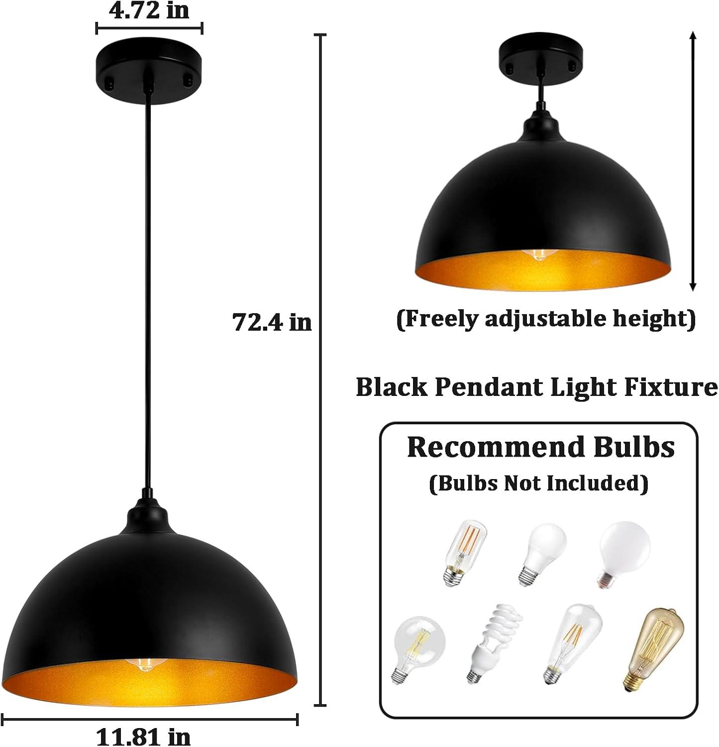 2-Pack Black Pendant Lights, 11.81'' Modern Pendant Lights Kitchen Island, Dome Large Pendant Light for Dining Room Foyer Bedroom Entryway Hallway Light Fixtures