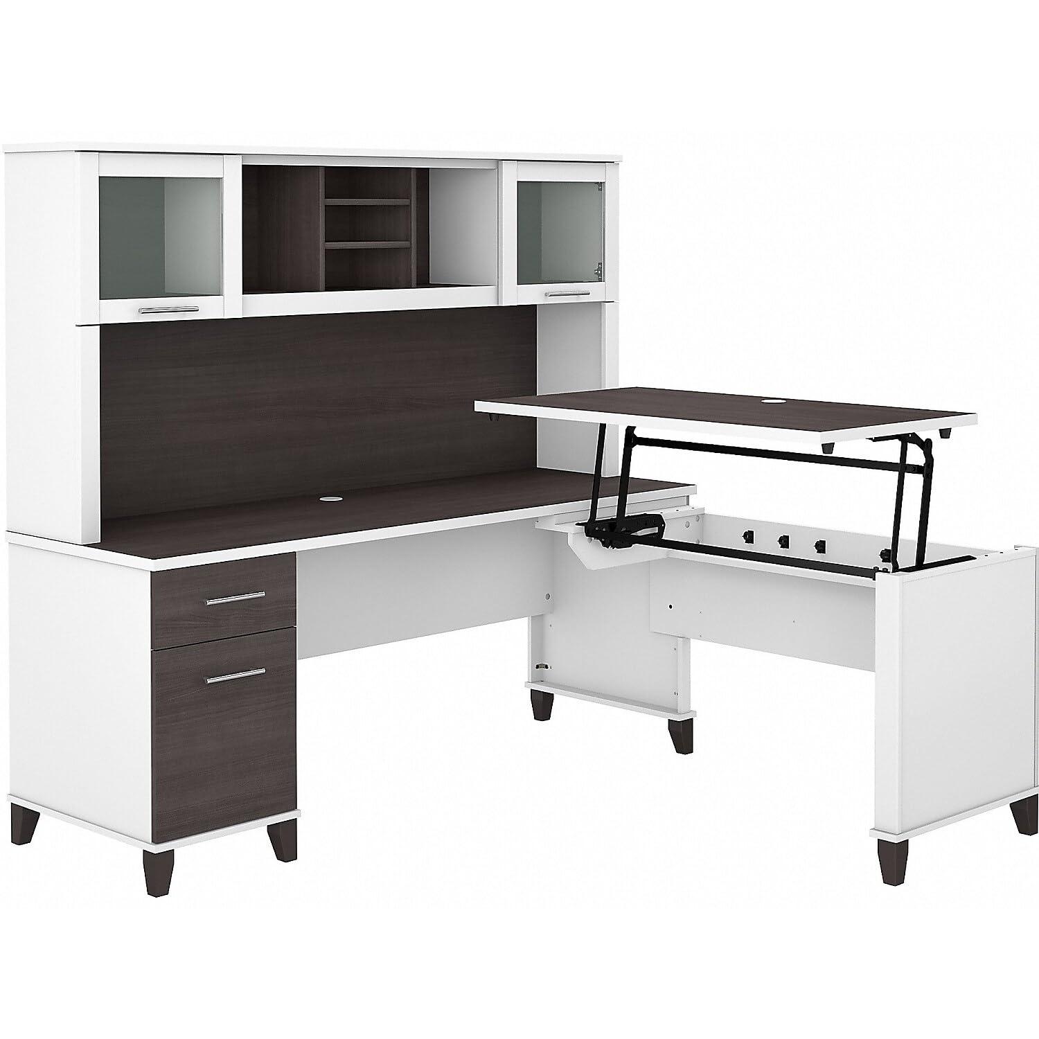 Bush Furniture Somerset 72" Sit to Stand L Desk & Hutch, Storm Gray & White