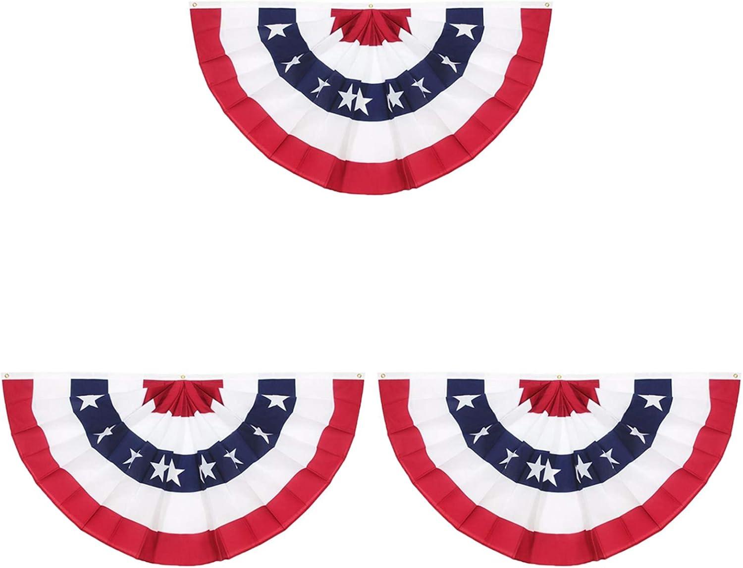 3-Pack American USA Patriotic Flag Bunting,3X1.5 Ft Pleated Fan Flag The United States Half Fan Banner for Indoor/Outdoor Decoration