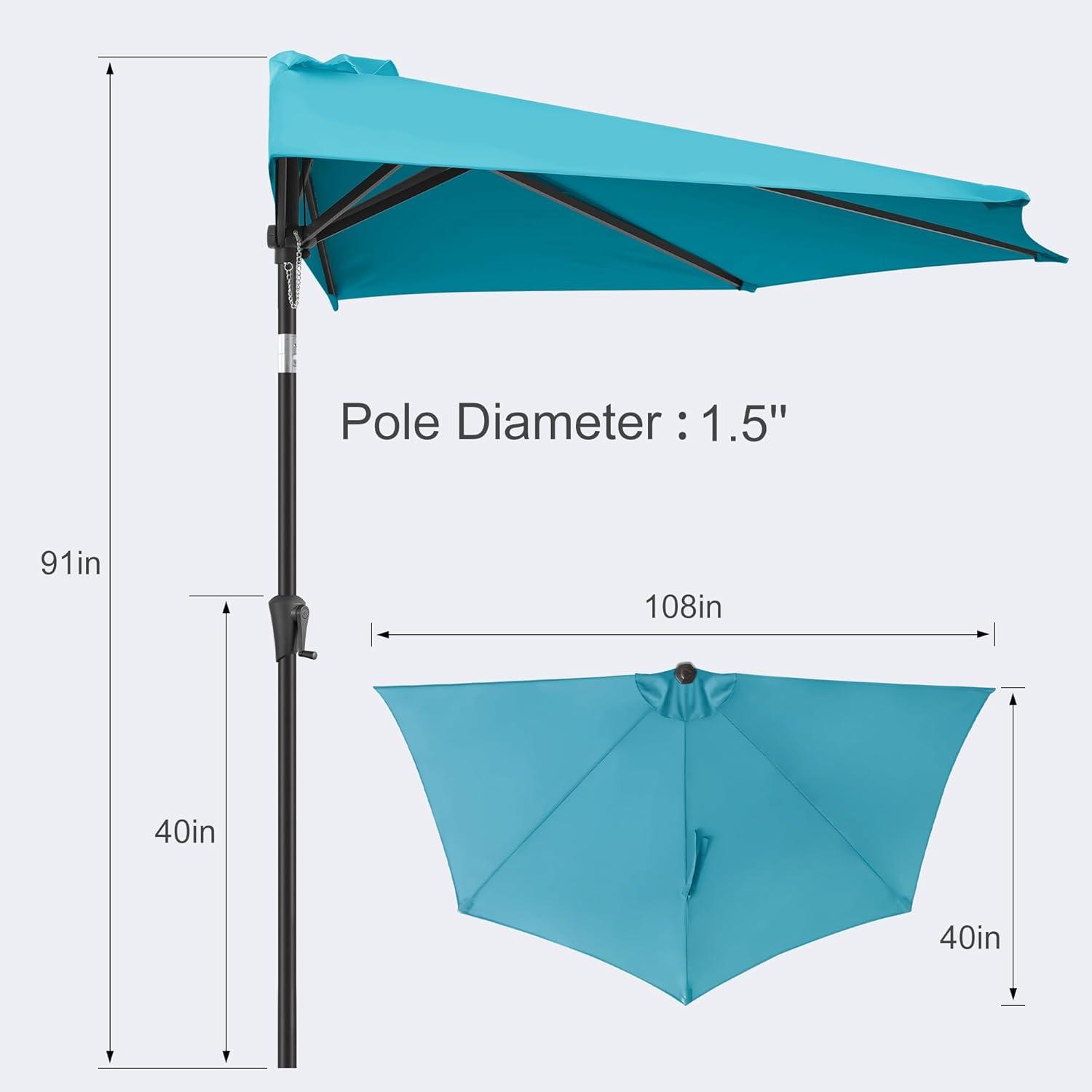 FLAME&SHADE 9 ft Half Round Solar Powered Outdoor Market Patio Table Umbrella for Wall Balcony with LED Lights and Tilt, Aqua Blue