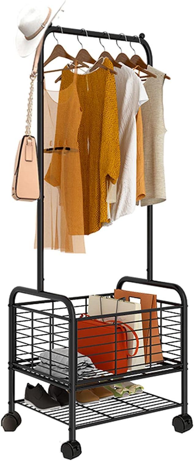 Laundry Cart with Wheels and Hanging Rack, Garment Rack with Storage Shelves and Coat/Hat Hanging Hooks, Rolling Laundry Basket for Laundry Bedroom Hallway, Black