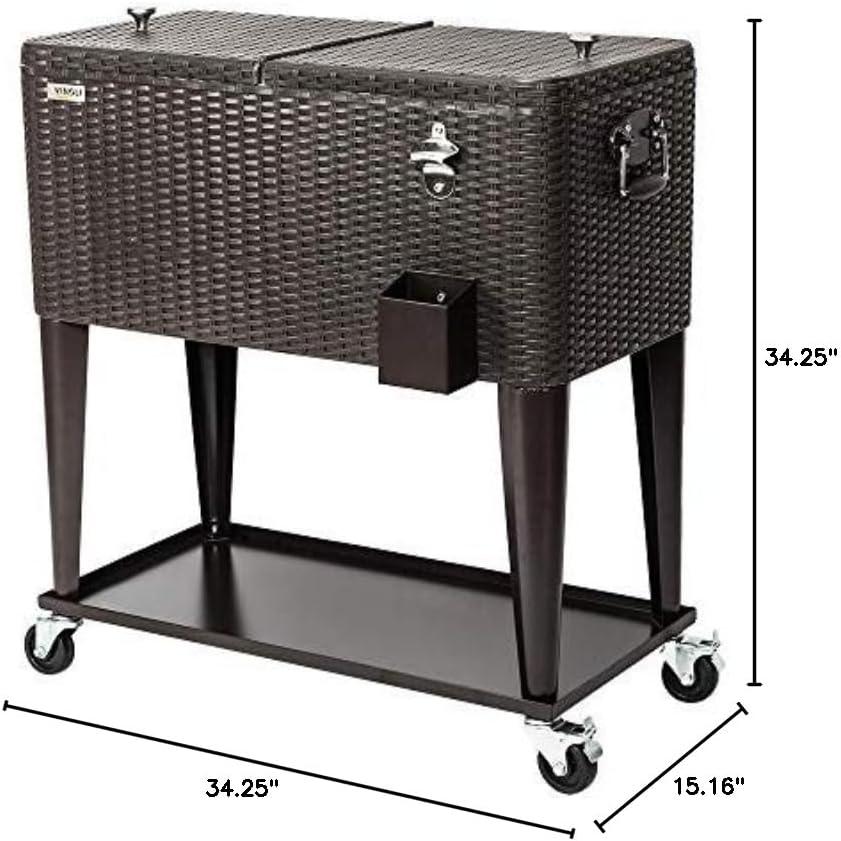 VINGLI 80 Quart Black Rattan Rolling Cooler with Shelf