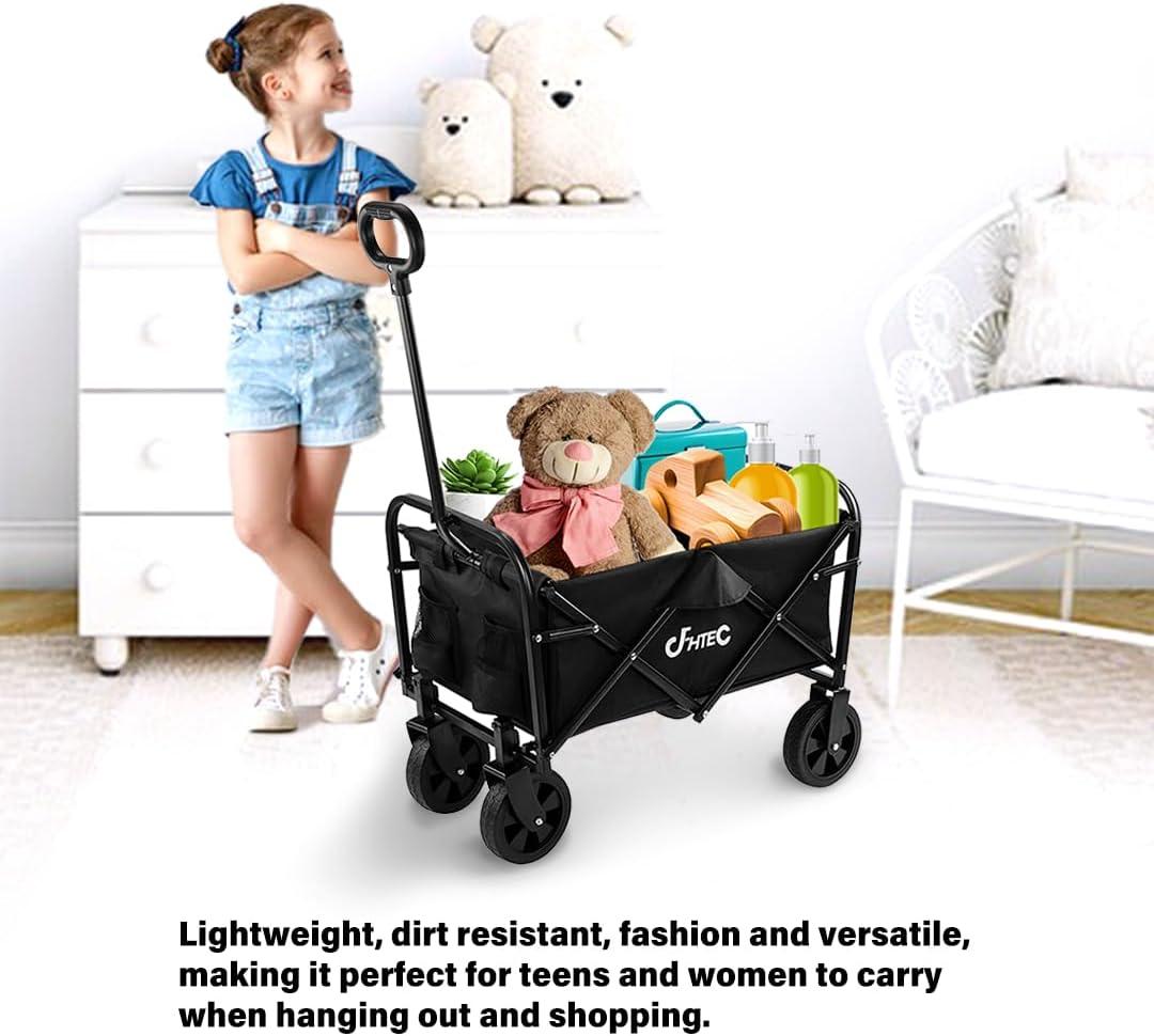 Folding Wagon Cart Heavy Duty Collapsible Utility Wagon Outdoor Camping Garden Cart with Universal Wheels for Camping, Sports, Shopping (All Black)