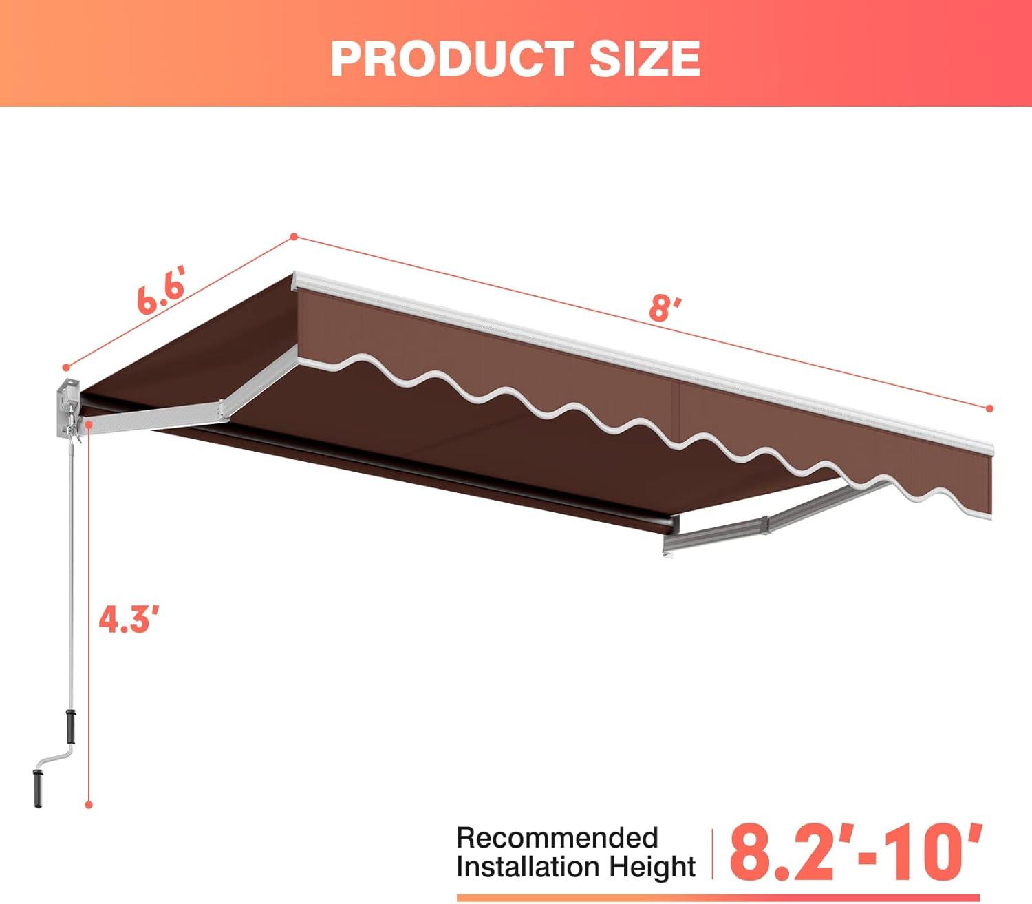 Tangkula 8 x 6.6 Ft Retractable Awning, Aluminum Patio Sun Shade w/ Crank Handle and Water-Resistant Polyester, Outdoor Manual Retractable Awning Cover Shelter