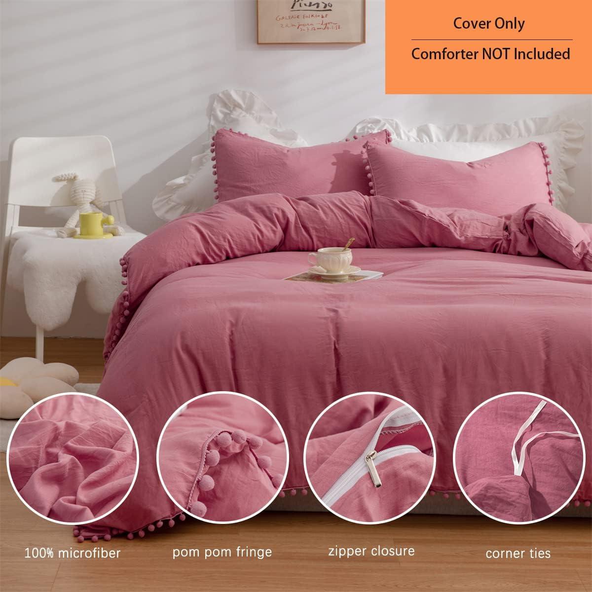 IHOUSTRIY Duvet Cover King Size,100% Washed Microfiber 3pcs Bedding Duvet Cover Set, Pom Poms Fringe Solid Color Soft and Breathable with Zipper Closure & Corner Ties (Dusty Rose, King)