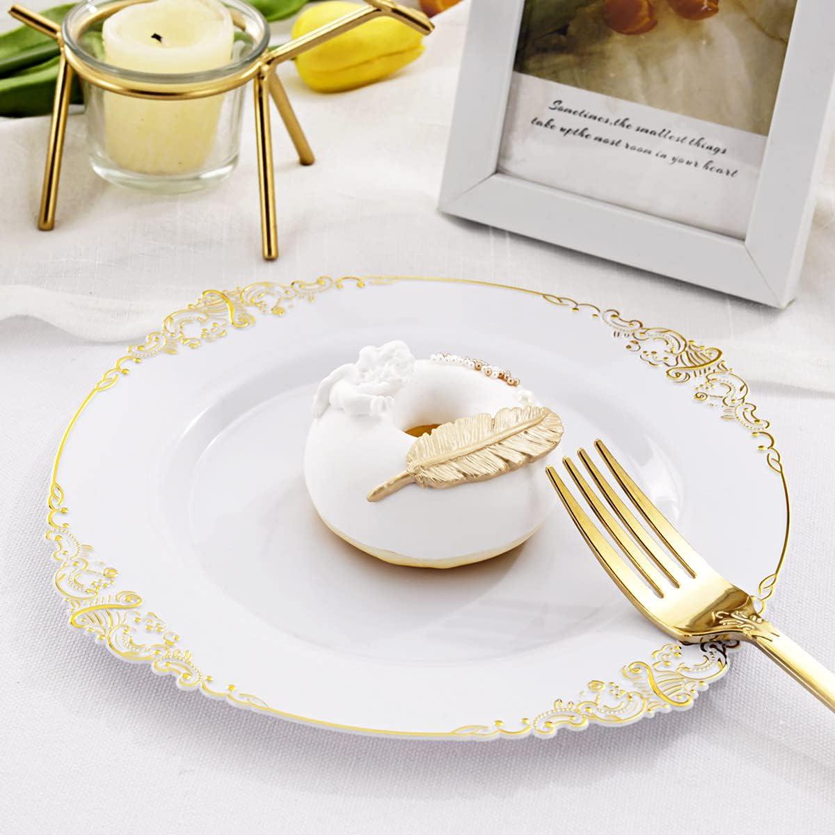 White and Gold Floral Rim Round Plastic Plates Set