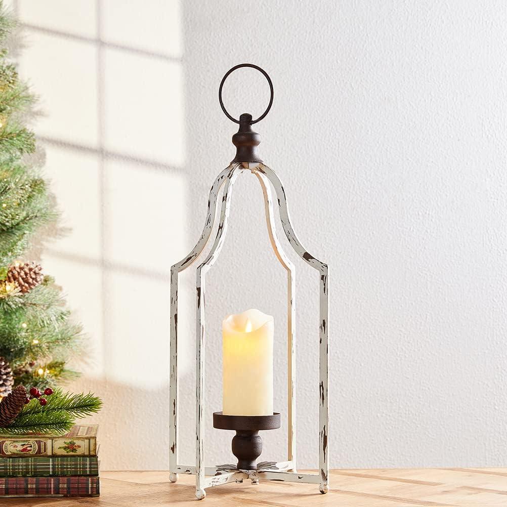 White Geometric Iron Tabletop Candle Lantern with Antique Finish