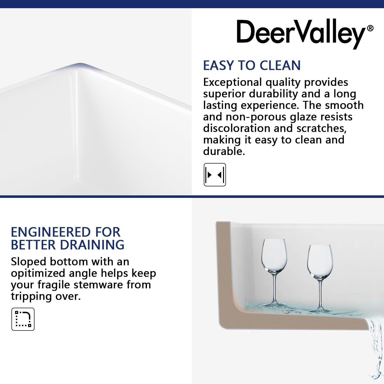 Deer Valley Fireclay Farmhouse Sink 24 Inch, White Undermount Kitchen Sink, Apron-Front Large Deep Single Bowl with Bottom Grid & Strainer