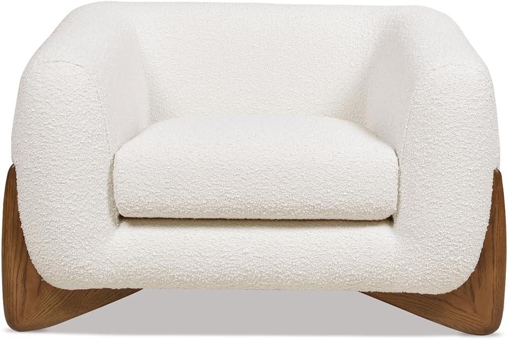 Ivory White Bouclé Armchair with Oak Wood Legs