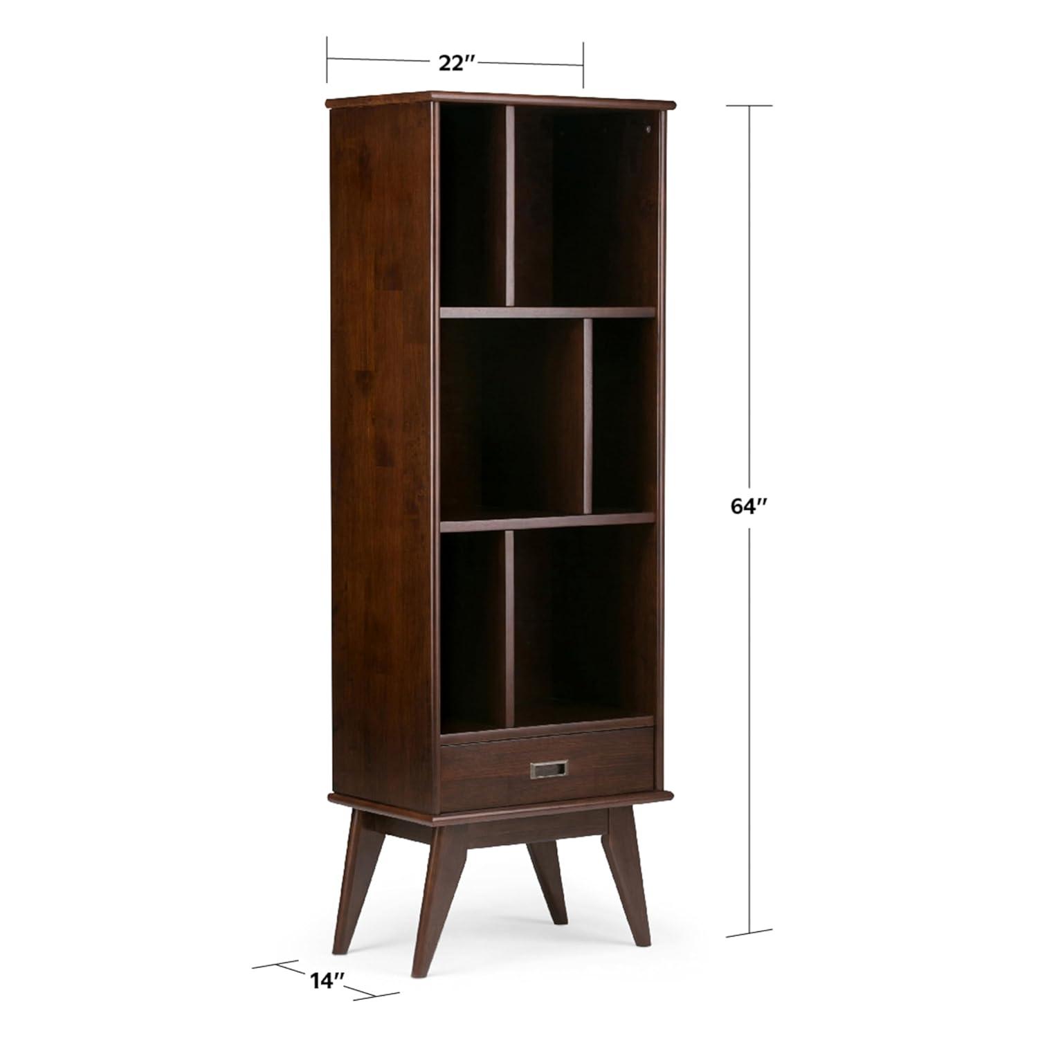 Simpli Home Draper 22"W Solid Hardwood 6 Shelf Compartment Mid-Century Modern Bookcase with Drawer