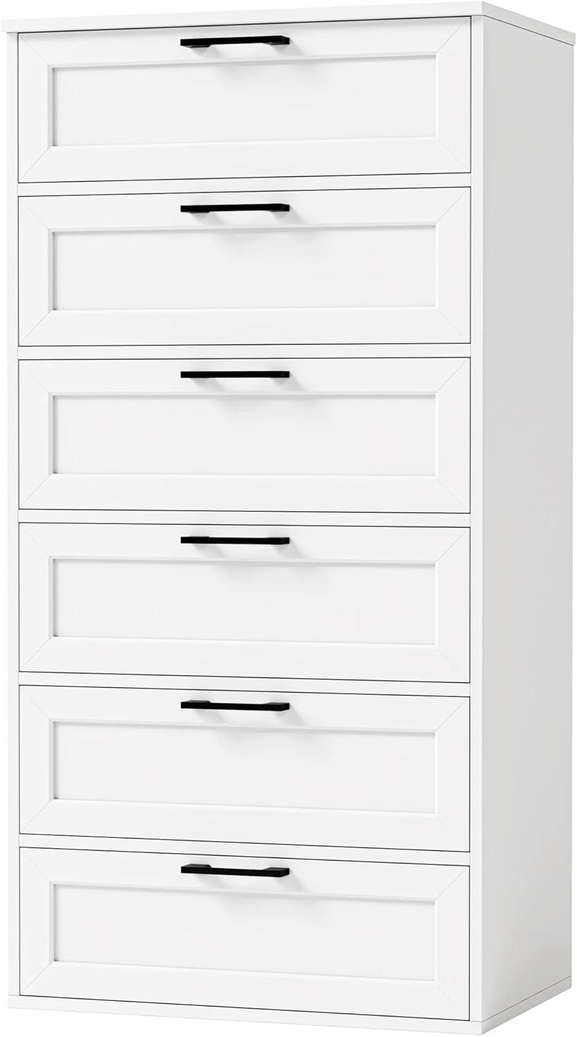 White Tall 6-Drawer Wood Dresser with Black Handles