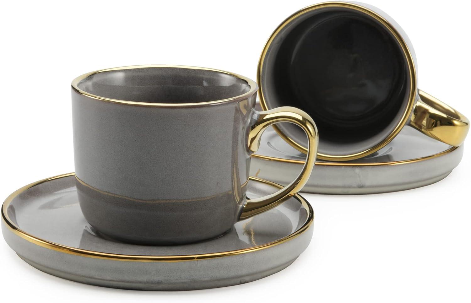 Gray Ceramic Teacup and Saucer Set with Gold Rim