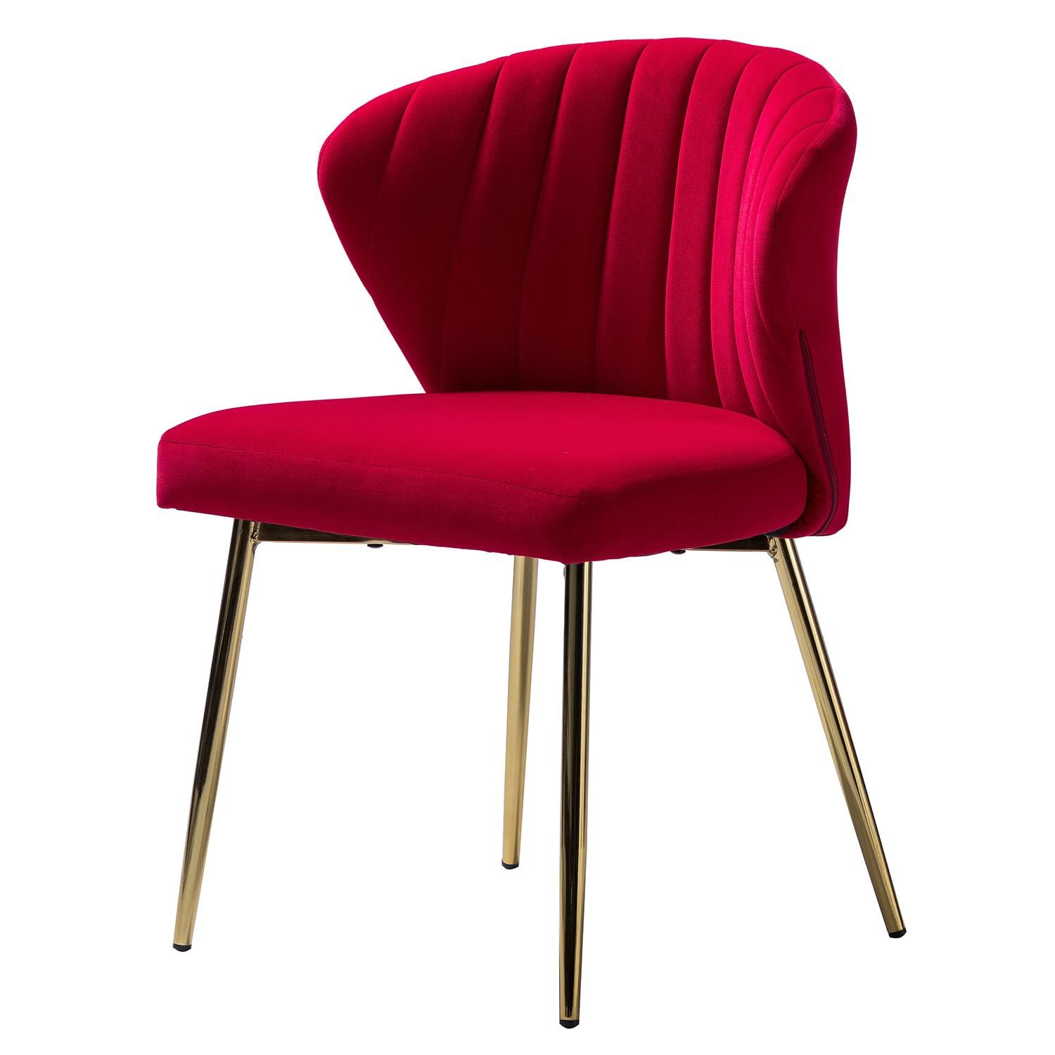 Velvet Upholstery Comfy Dining Chair Accent Channel Tufted Metal Legs Home Living Room Bedroom Kitchen Red