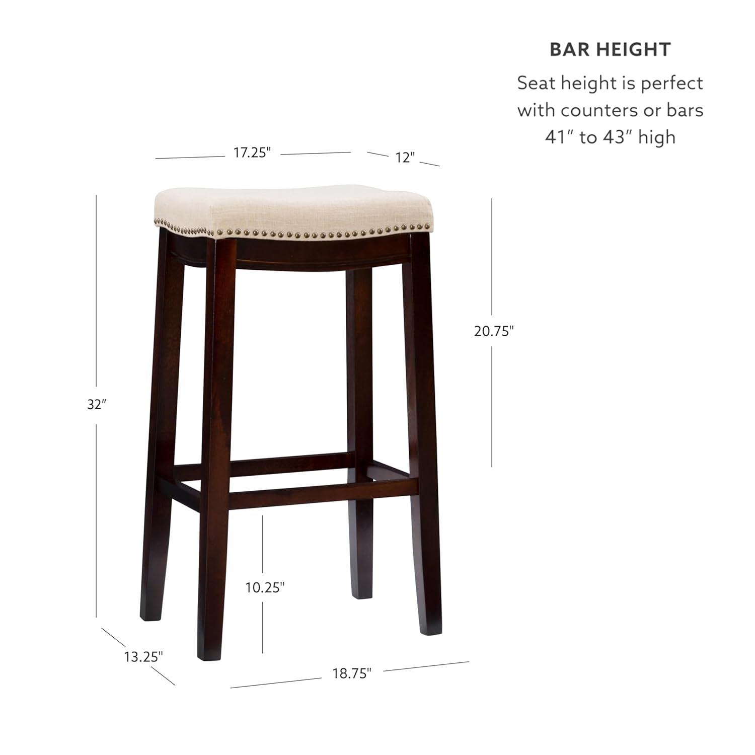 Linon Claridge Backless Nailhead Saddle Barstool Linen: Upholstered, Rubberwood Legs, Fixed Height 32.25"