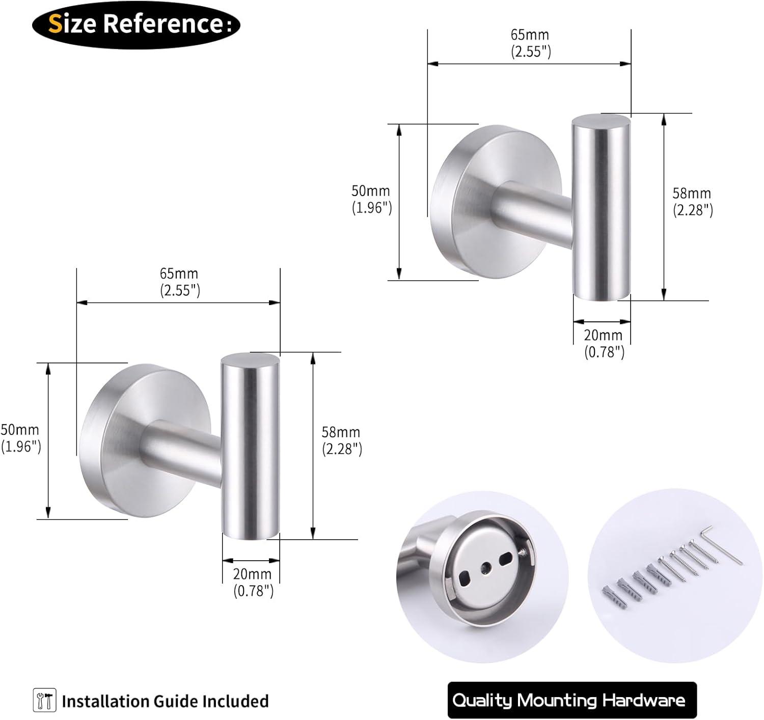 Brushed Stainless Steel Wall-Mounted Bathroom Towel Hooks, 2-Pack