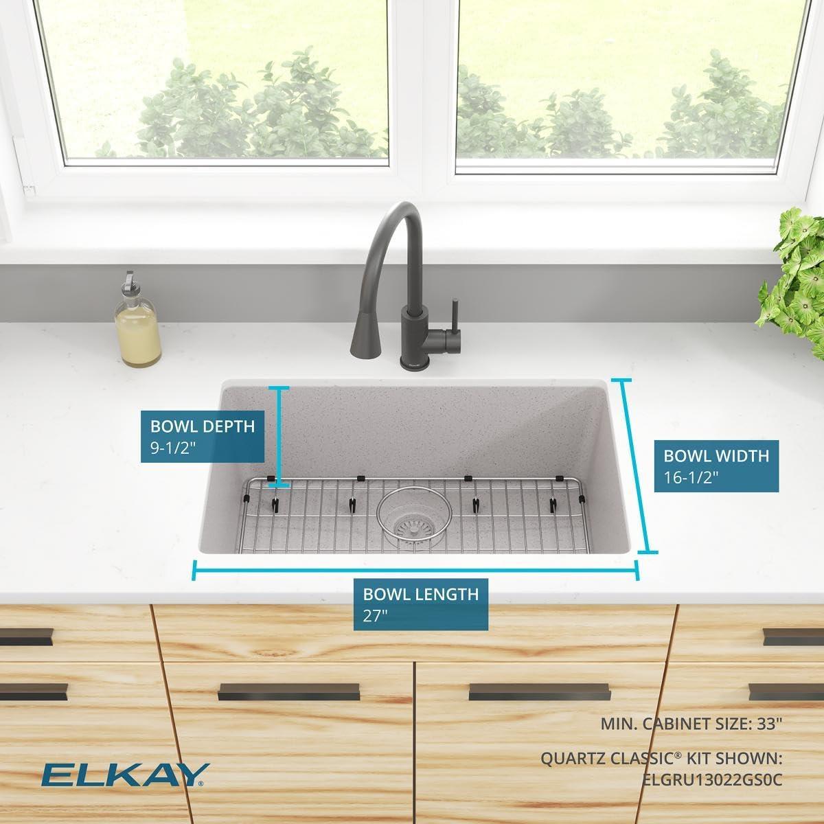 Elkay Quartz Classic 29-1/2" x 18-3/4" x 9-1/2", Single Bowl Undermount Sink Kit, Graphite