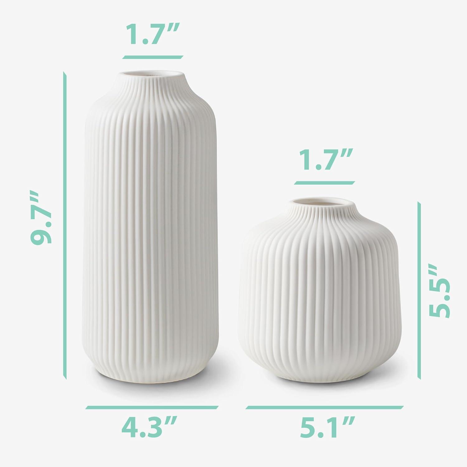 White Ceramic Grooved Cylinder Vases Set of 2