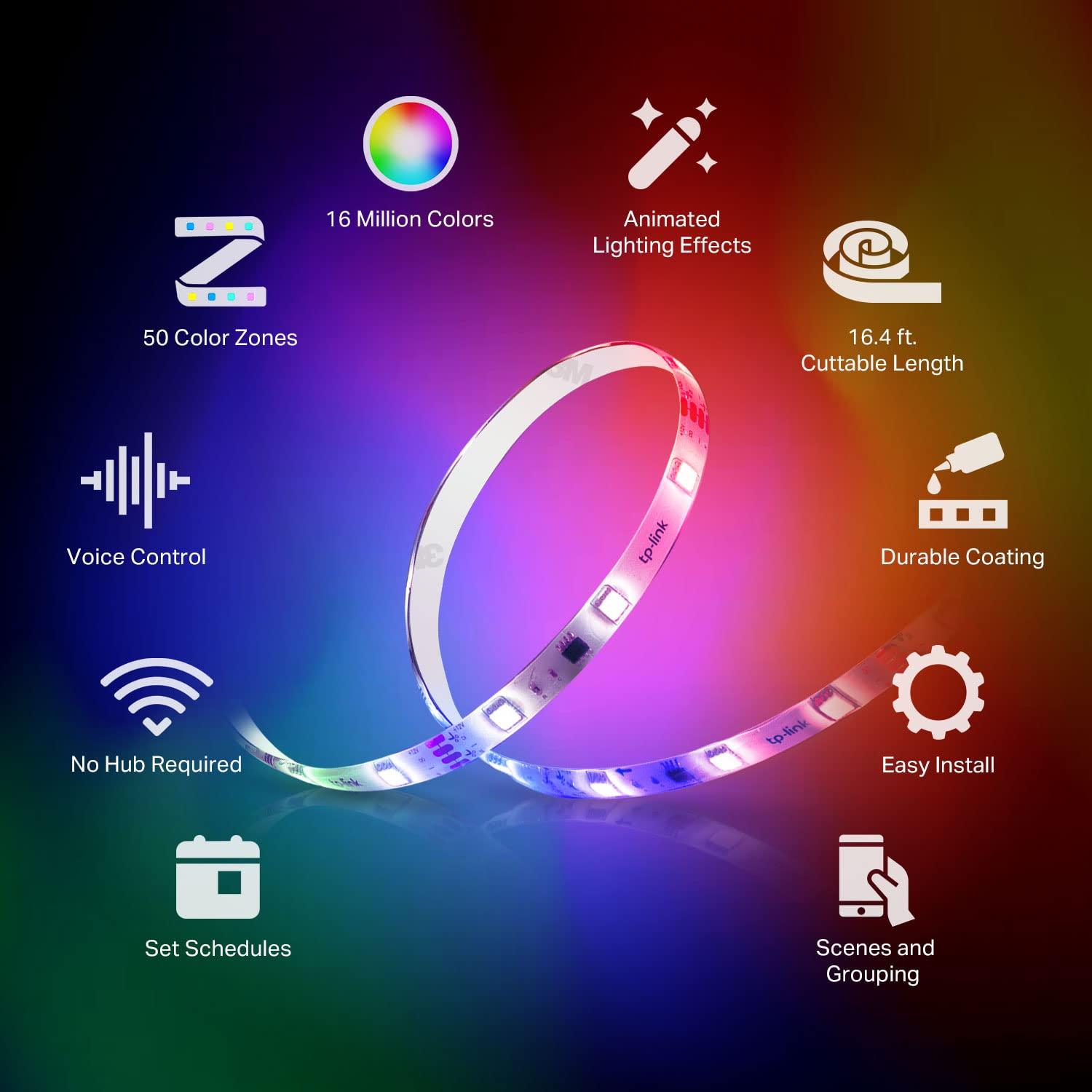 Kasa Smart LED Light Strip, 50 Color Zones RGBIC, 16.4 ft. Wi-Fi LED Strip Works with Alexa, Google Assistant & SmartThings, High Brightness with 16 Million Colors, Trimmable (KL420L5)