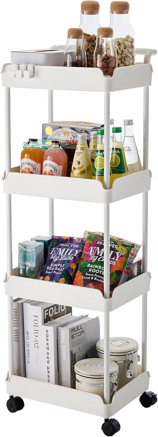 White 4-Tier Rolling Utility Cart with Metal Frame