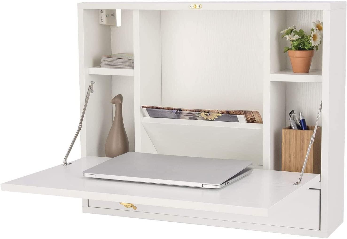 TrendSage Wall Mounted Table, Multifunctional Folding Hanging Storage Cabinet, Space Saving Computer Desk w/Storage Drawer and Shelves, Wall Mount Laptop Desk for Home Office (White)
