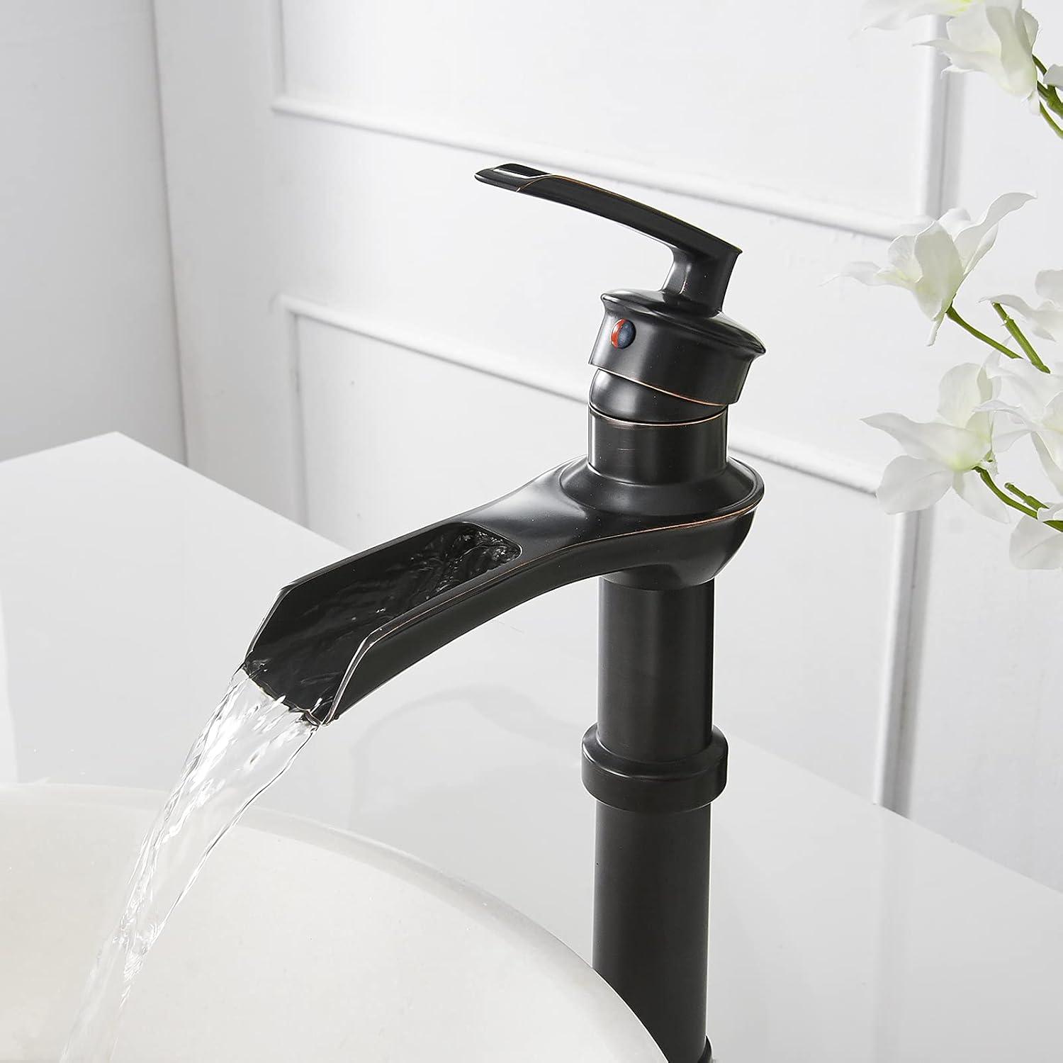 Vessel Sink Faucet Oil Rubbed Bronze Bathroom Faucet Waterfall Farmhouse Single Hole Single Handle for Sink Lavatory Faucets with Pop Up Drain Without Overflow Supply Line
