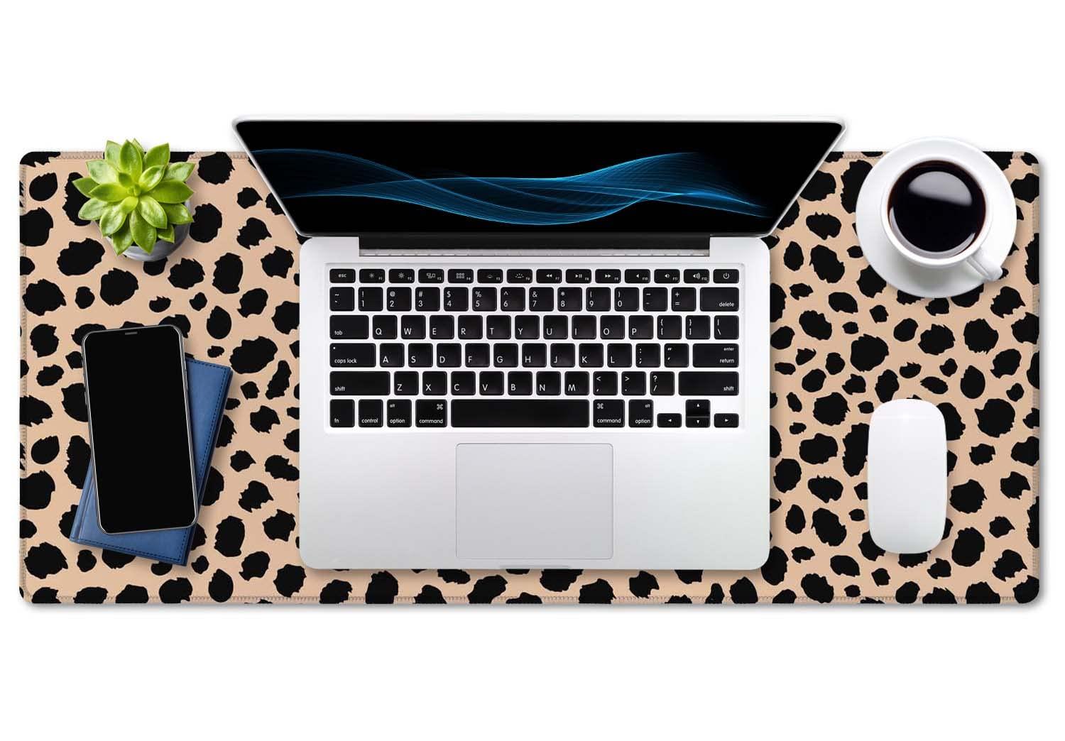 SSOIU Leopard Print Cute Desk Mat, Extra Large Non-Slip Rubber Mousepad - 35.5x15.7 in, Extended Gaming Mouse Pad