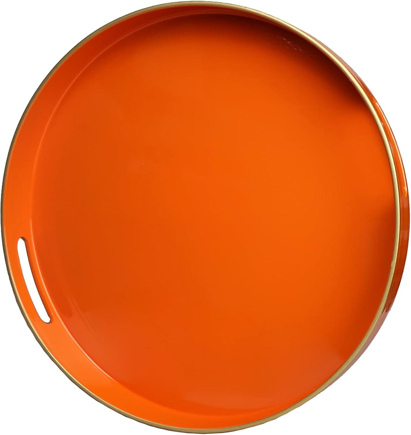MAONAME 13" Round Tray, Orange Serving Tray with Handles, Modern Decorative Trays for Coffee Table, Plastic Ottoman Trays for Ottoman, Bathroom, Halloween Decor