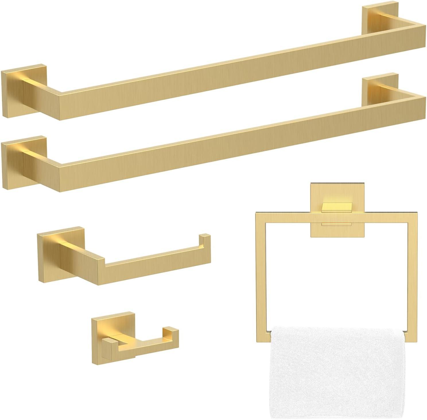 5 Pieces Brushed Gold Bathroom Hardware Accessories Set,Stainless Steel Square 23.6 "+16" Double Hand Towel Bar Set Gold,Towel Rack Set Gold Wall Mounted