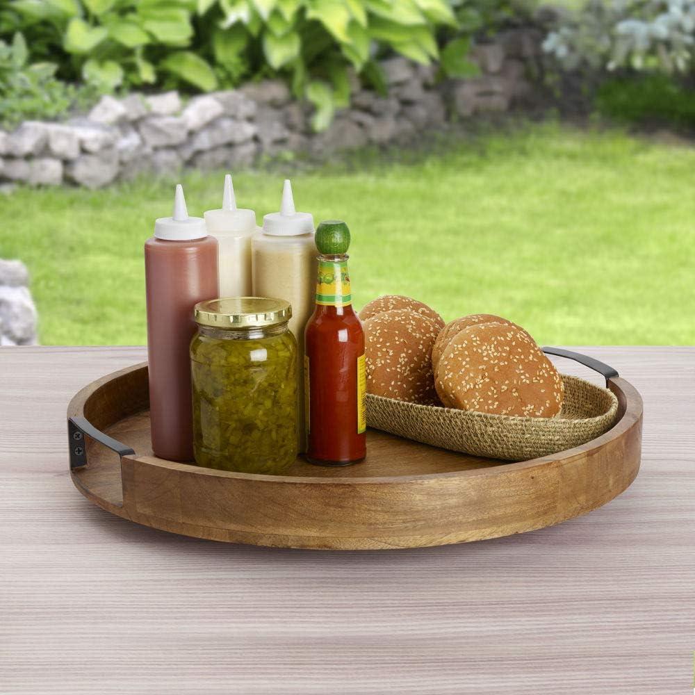 Mango Wood Round Lazy Susan Serving Tray with Iron Handles