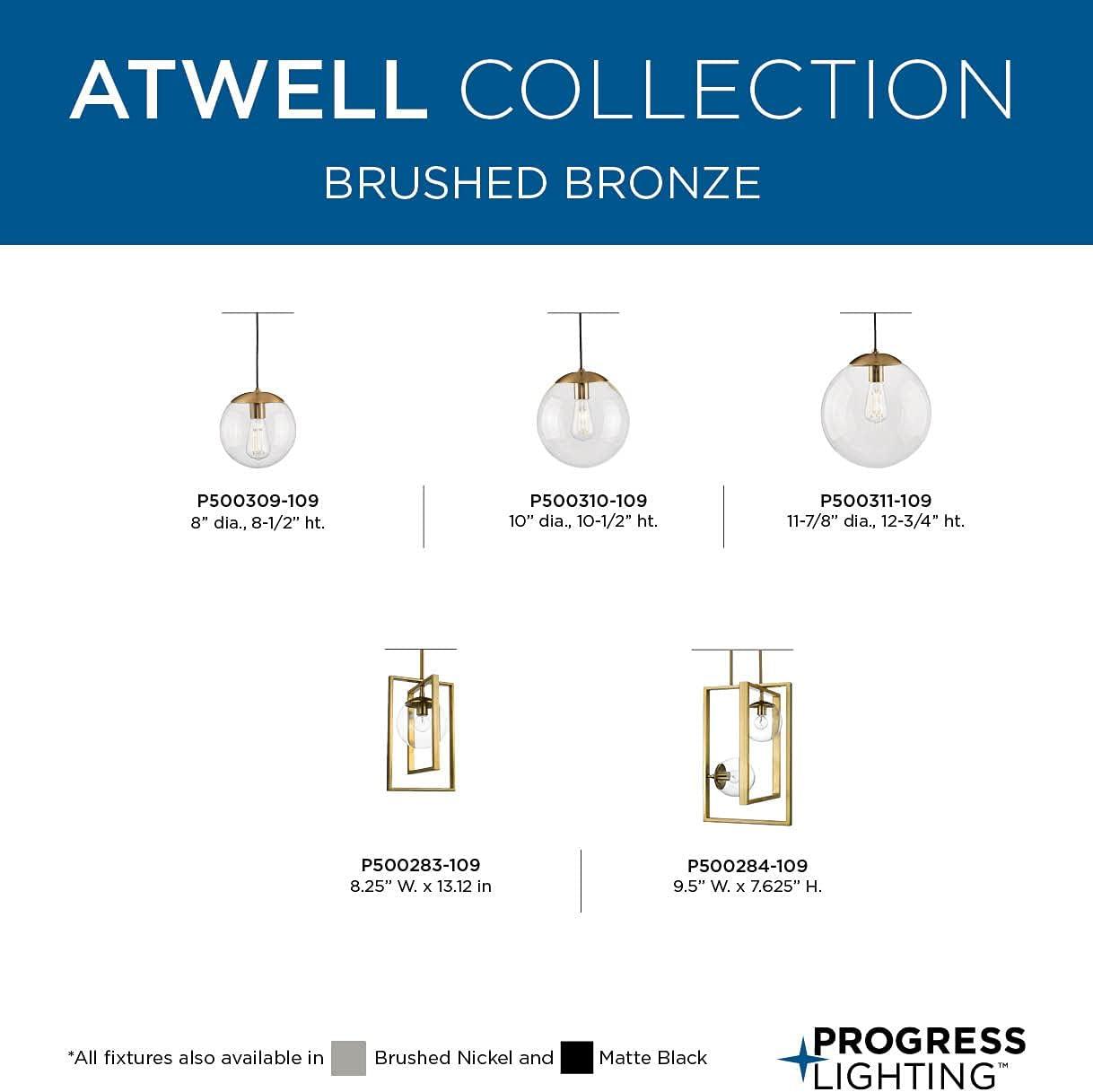 Progress Lighting Atwell 1-Light Glass Globe Pendant, Brushed Nickel, Clear Glass Shade