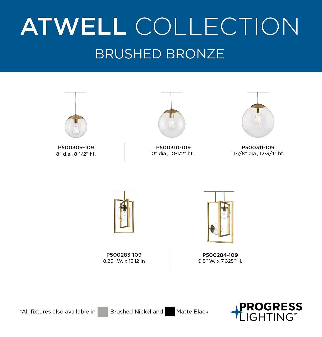 Progress Lighting Atwell 1-Light Glass Globe Pendant, Brushed Nickel, Clear Glass Shade