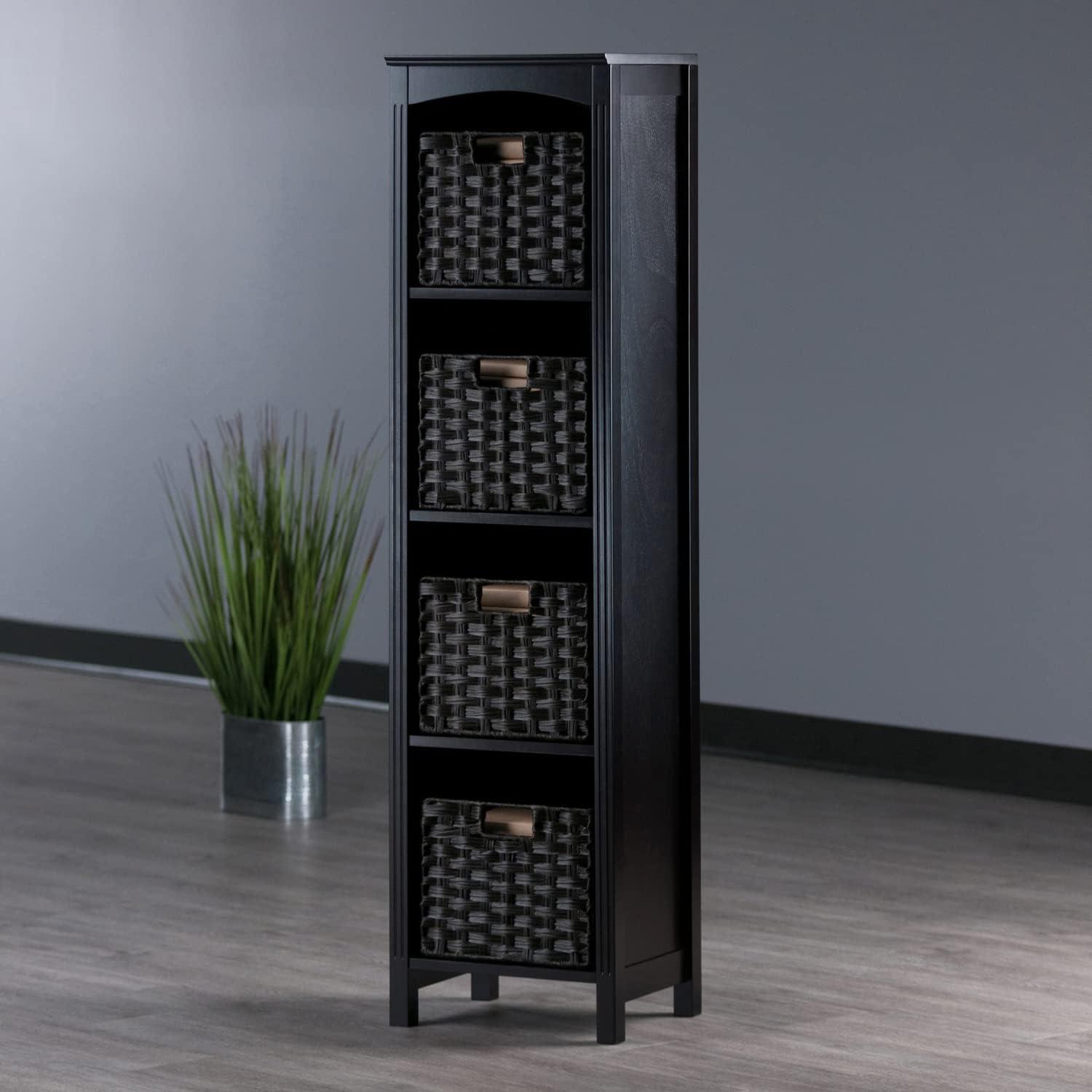 Espresso Solid Wood Terrace Storage Shelf with Chocolate Woven Baskets