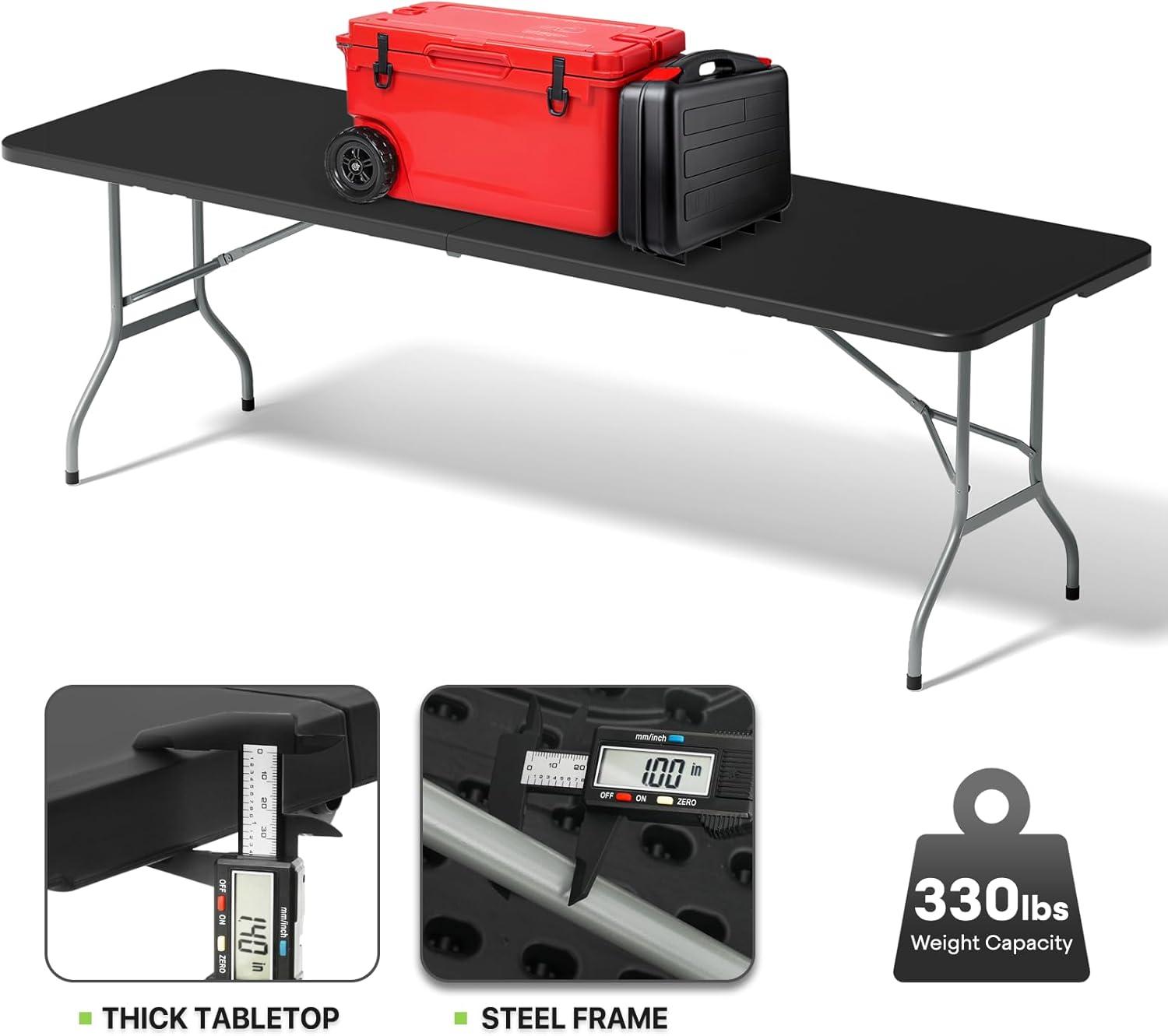 Bring Home Furniture 8Ft Heavy Duty Folding Table, Indoor Outdoor Portable Plastic Picnic Desk with Steel Legs and Handle