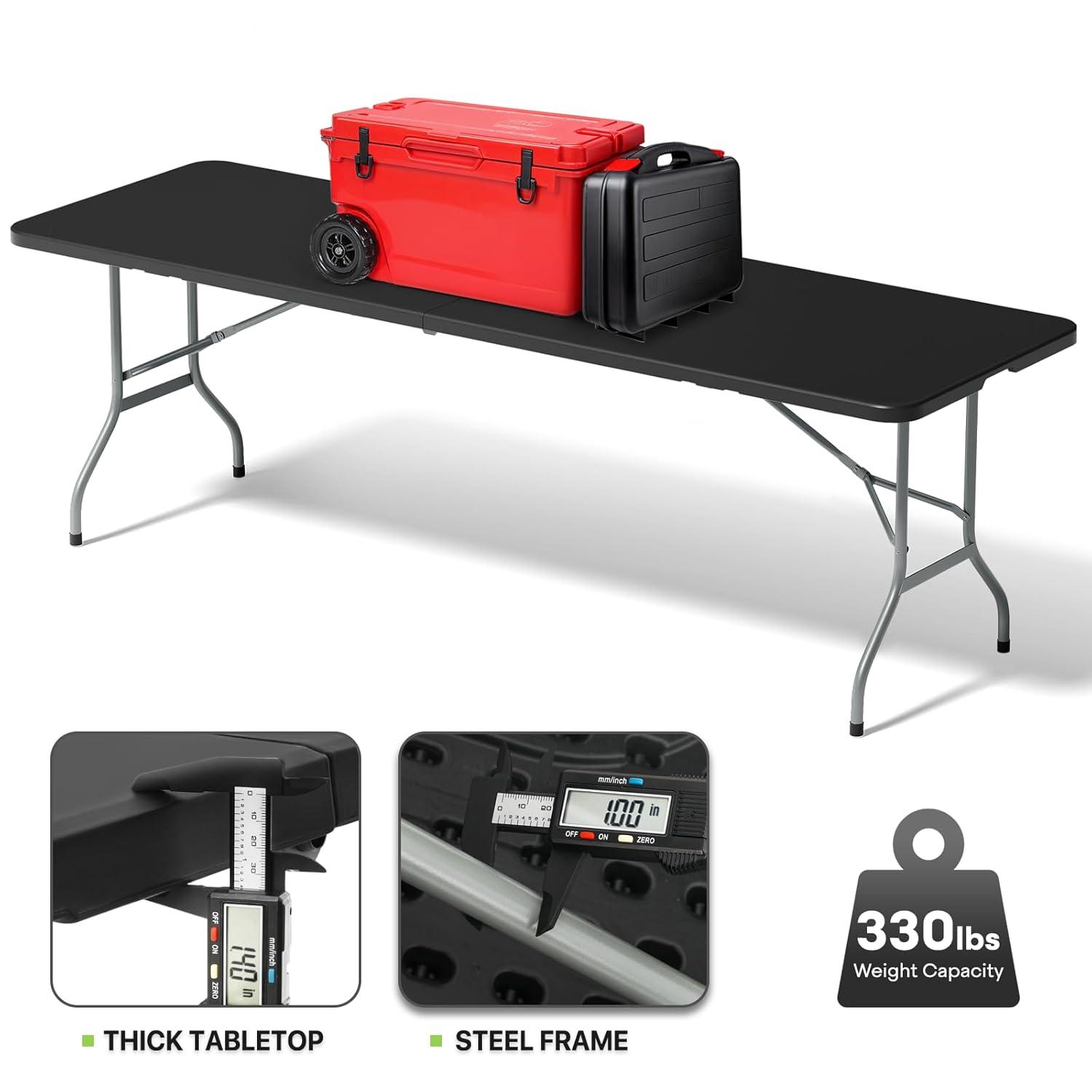 Bring Home Furniture 8Ft Heavy Duty Folding Table, Indoor Outdoor Portable Plastic Picnic Desk with Steel Legs and Handle